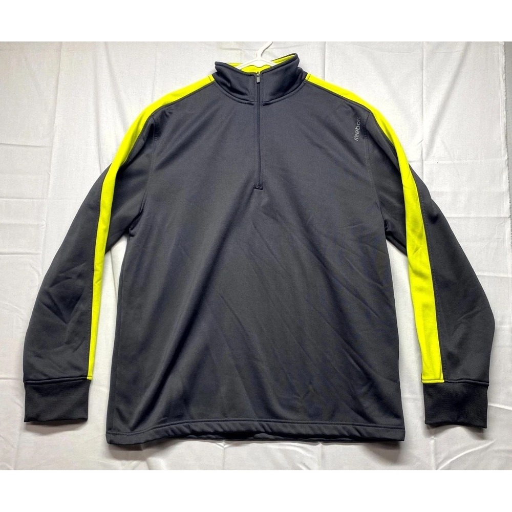 Reebok Athletic Jacket Mens Large Gray Yellow Logo 1/4 Zip Fleece Lined Running